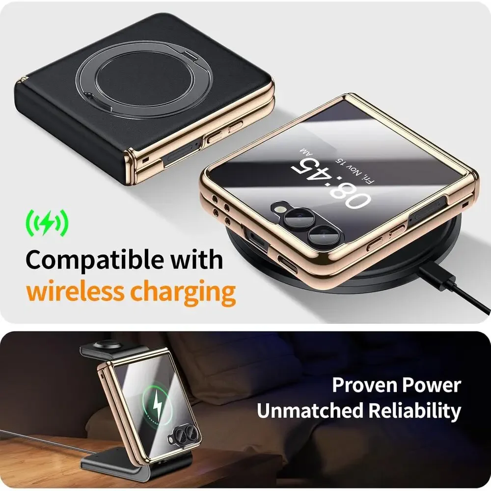 YOOVEI For Galaxy Z Flip 6 Case Luxury Leather With Screen Protector